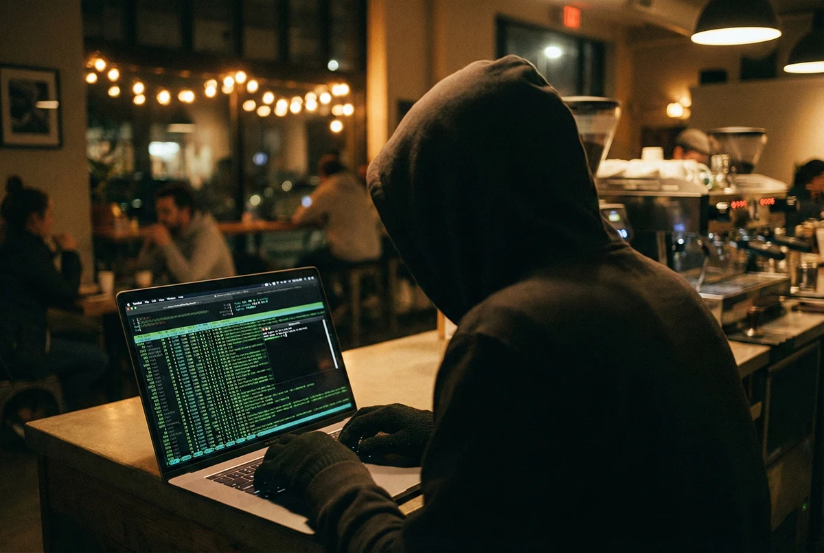 Hacker looking at laptop in cafe