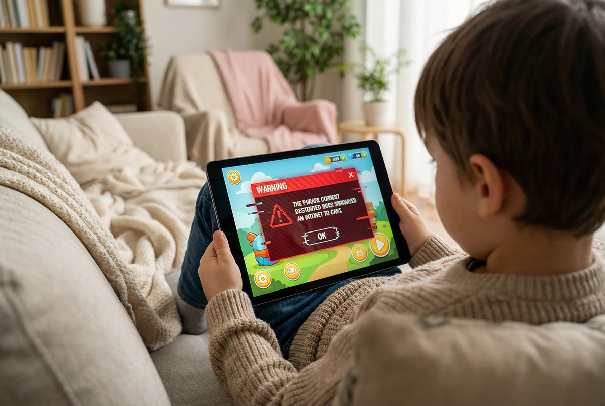 Kid playing on tablet with warning sign